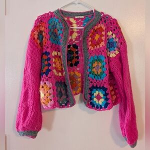SundayUp Bright Pink Multicolor Crochet Granny Square Cardigan